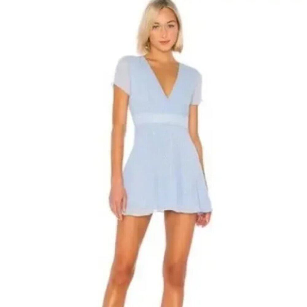 Revolve Superdown Bree Mini Dress Sky Blue Chiffon Metallic Swiss Dot Summer
